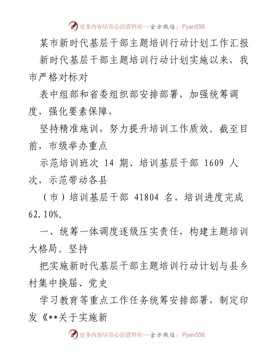 [工作总结] 培训工作 - 某市新时代基层干部主题培训行动计划工作汇报.docx_第1页