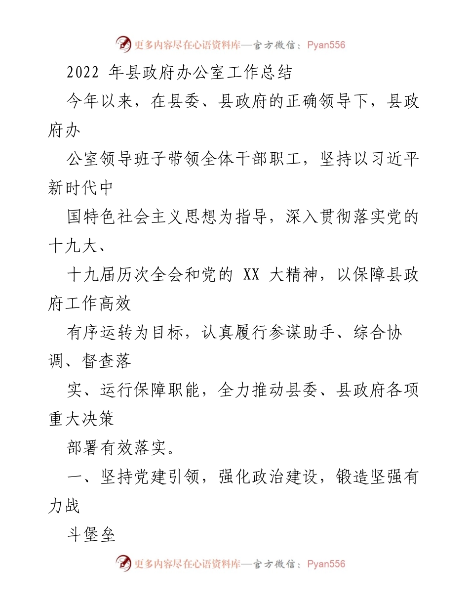 [工作总结] 县政府办公室 - 2022年度工作总结与党建成效分析.docx_第1页