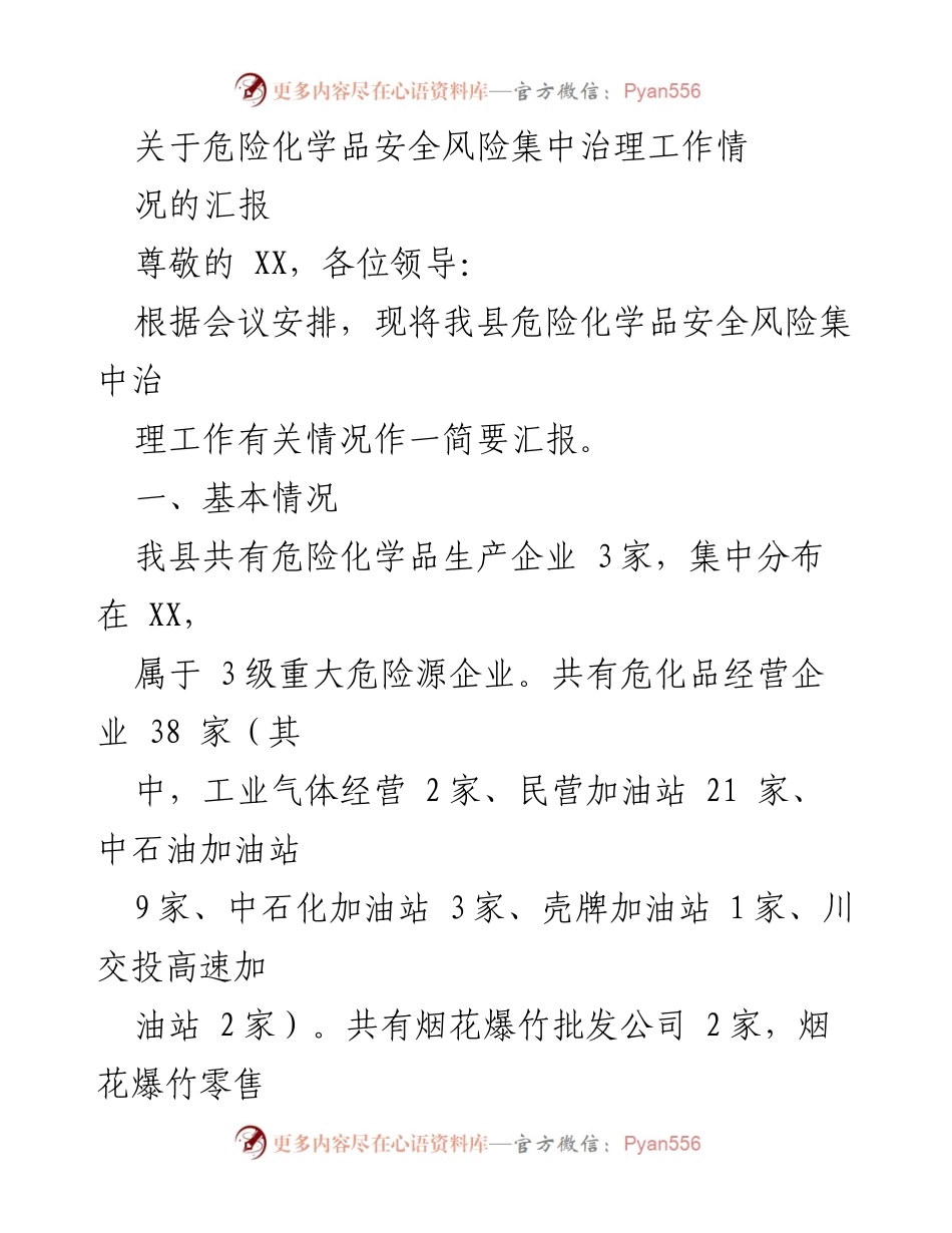 [工作总结] 危险化学品安全治理会议 - 危险化学品安全风险集中治理工作汇报.docx_第1页