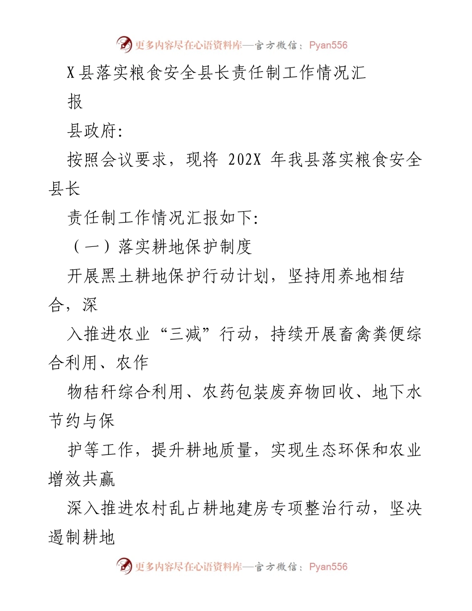 [工作总结] 县政府 - X县粮食安全县长责任制落实情况汇报.docx_第1页