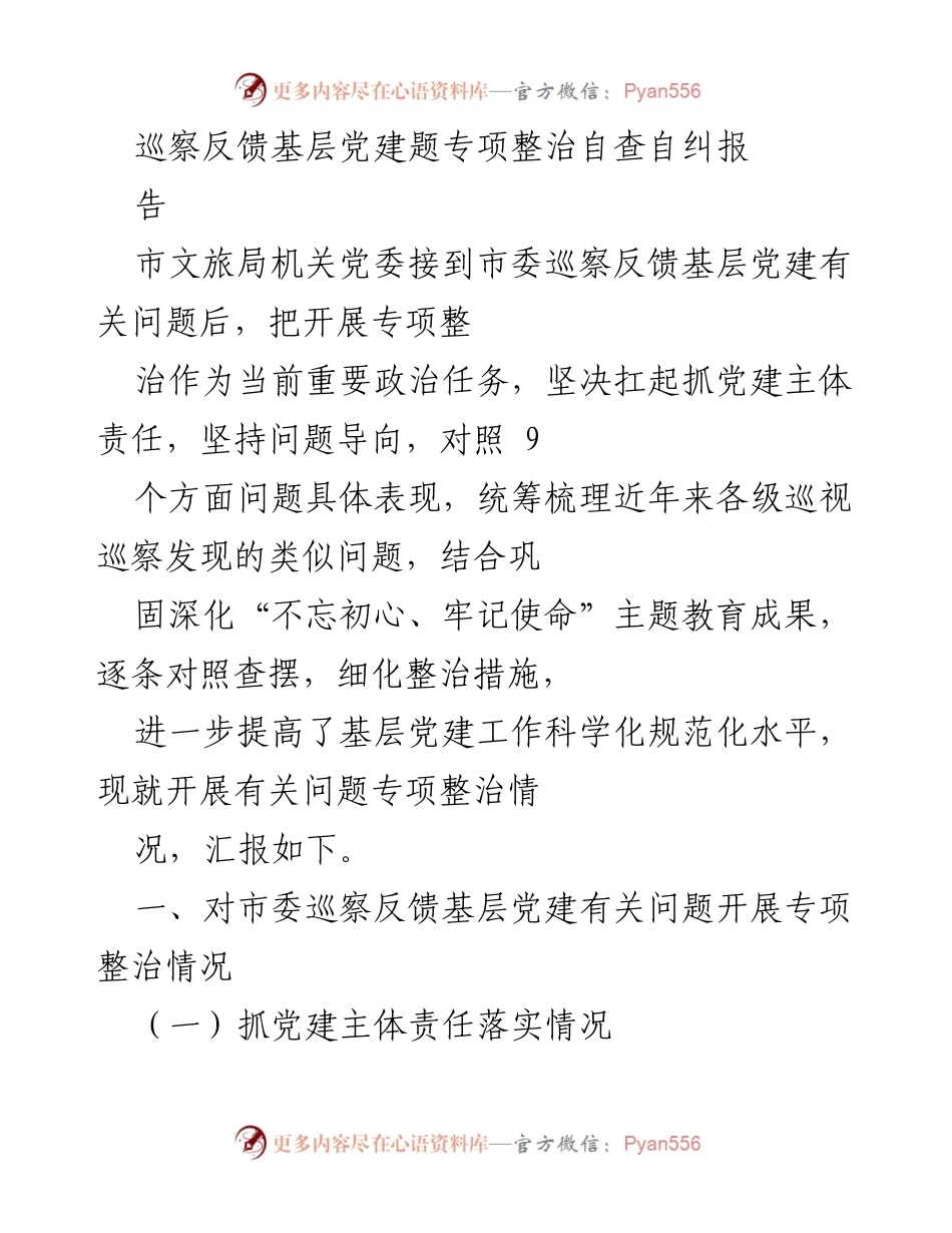 [工作总结] 基层党建专项整治 - 巡察反馈后基层党建问题专项整治自查自纠报告.docx_第1页