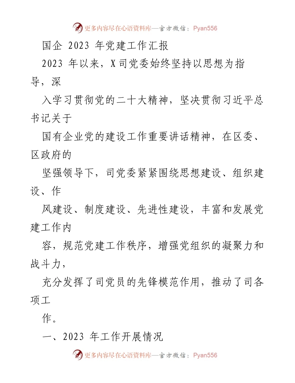 [工作总结] 国企党建 - 2023年X司党建工作汇报与成效分析.docx_第1页