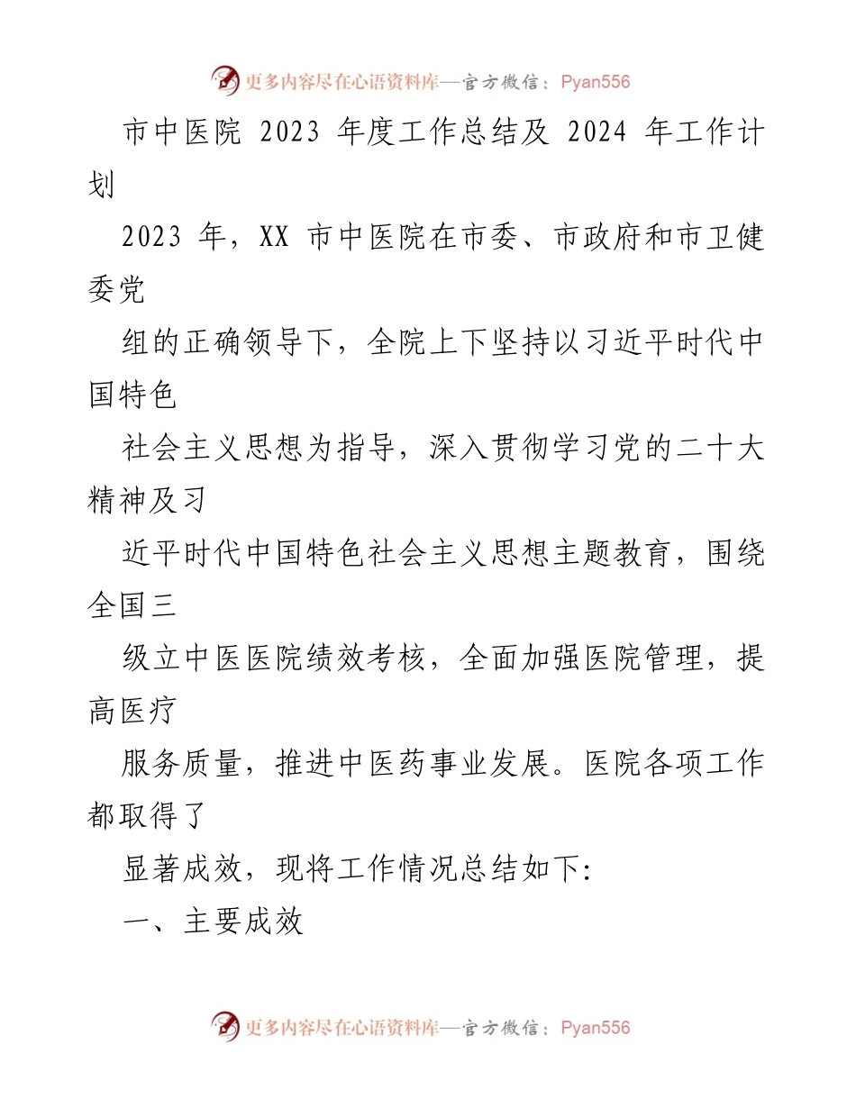 [工作总结] 医院年度总结 - 市中医院2023年度工作总结及2024年工作计划.docx_第1页