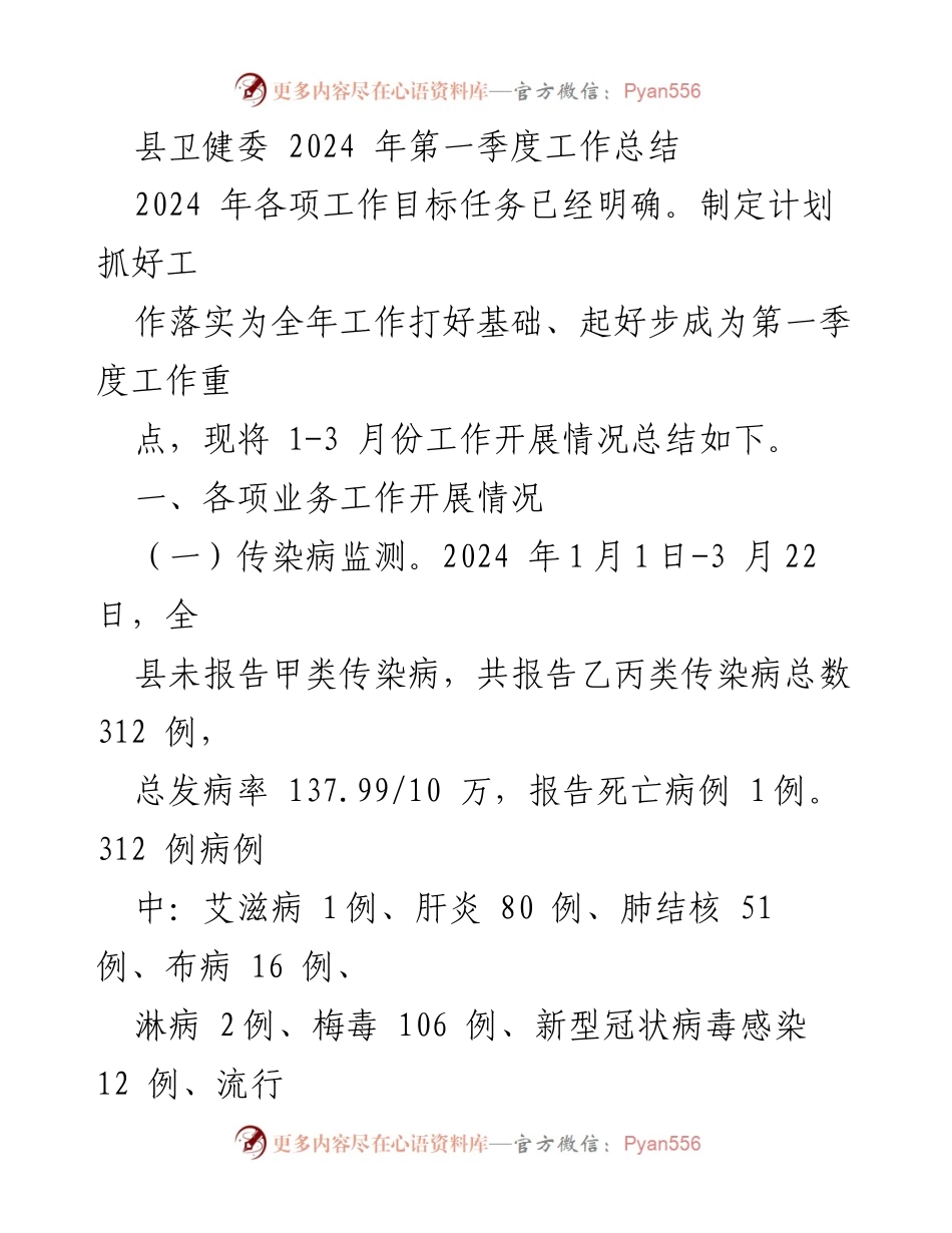 [工作总结] 卫生健康 - 2024年第一季度县卫健委工作总结.docx_第1页