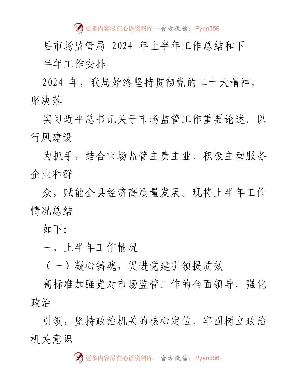 [工作总结] 县市场监管局 - 2024年上半年工作总结与下半年工作安排.docx_第1页