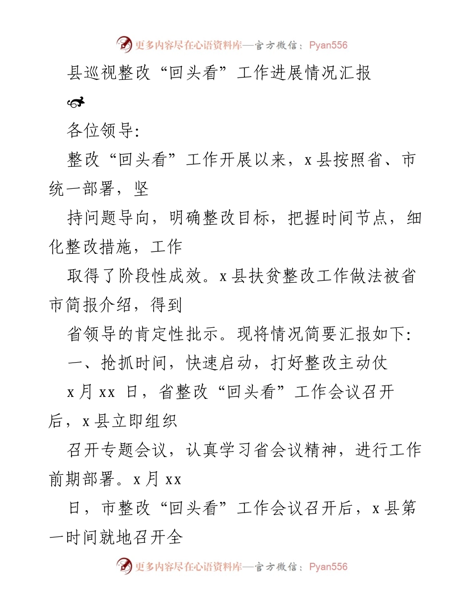 [工作总结] 县巡视整改“回头看”工作 - x县巡视整改“回头看”工作进展情况汇报.docx_第1页