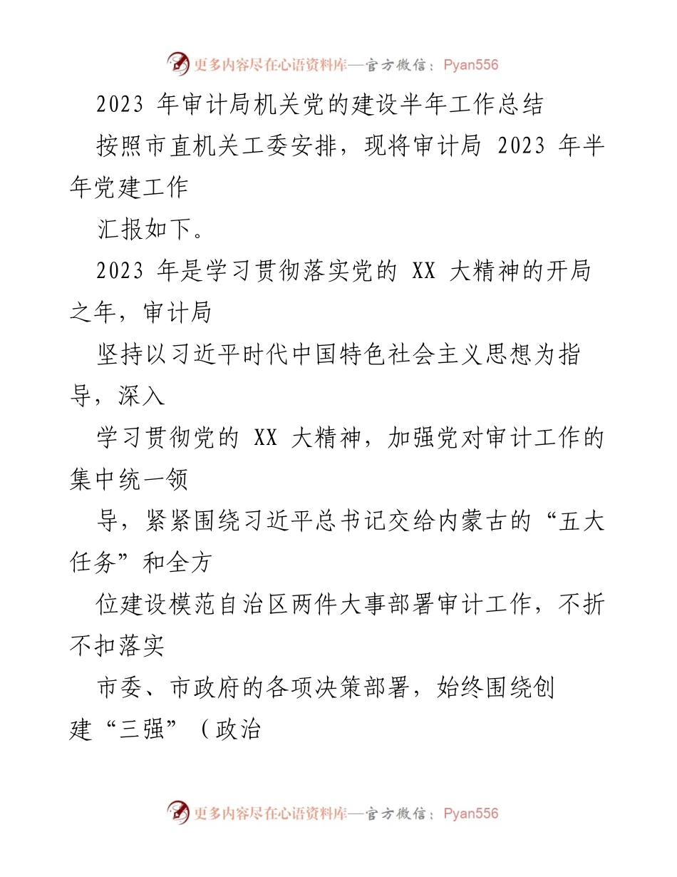 [工作总结] 半年党建工作汇报 - 2023年审计局机关党建工作总结.docx_第1页