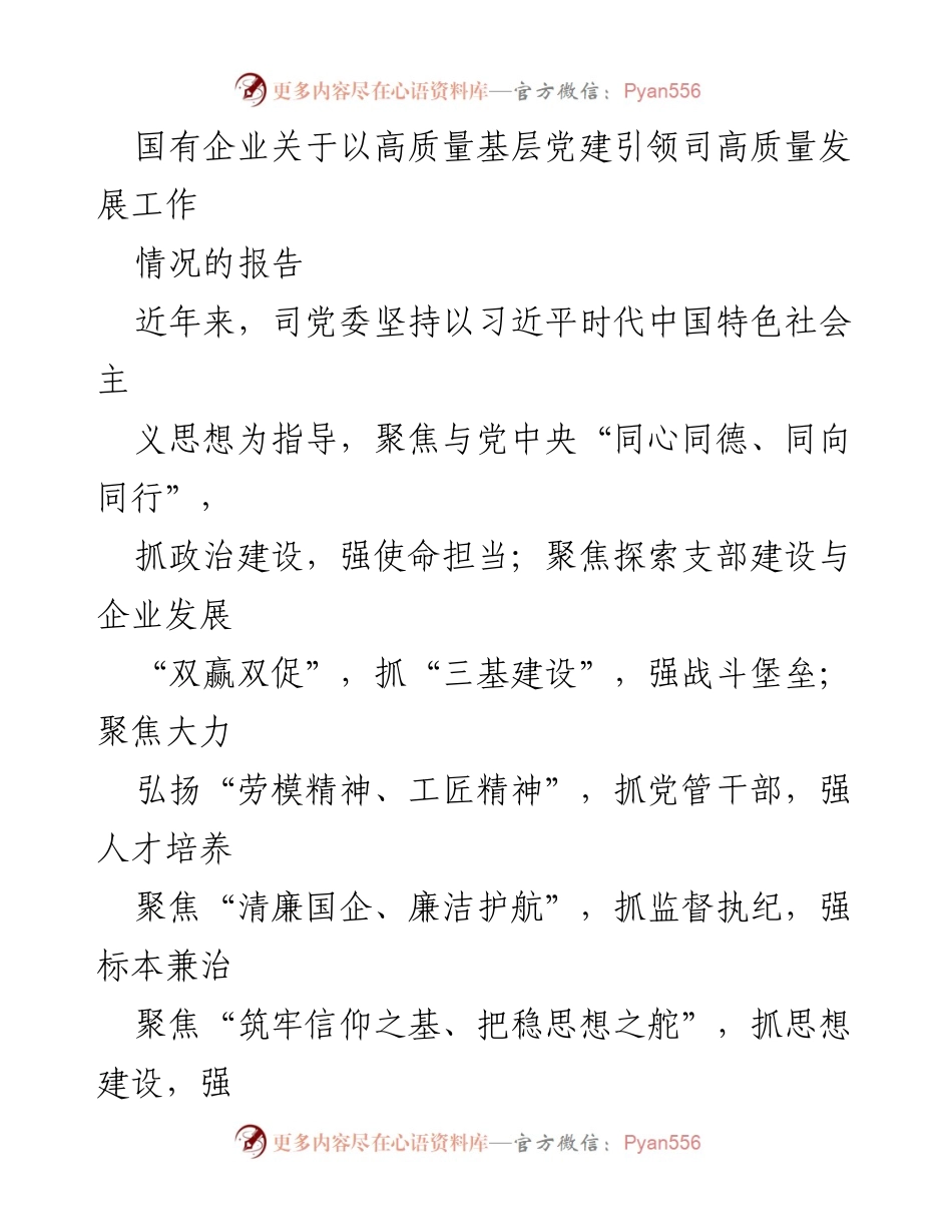[工作总结] 国有企业党建工作 - 国有企业党建引领高质量发展的实践与成效报告.docx_第1页