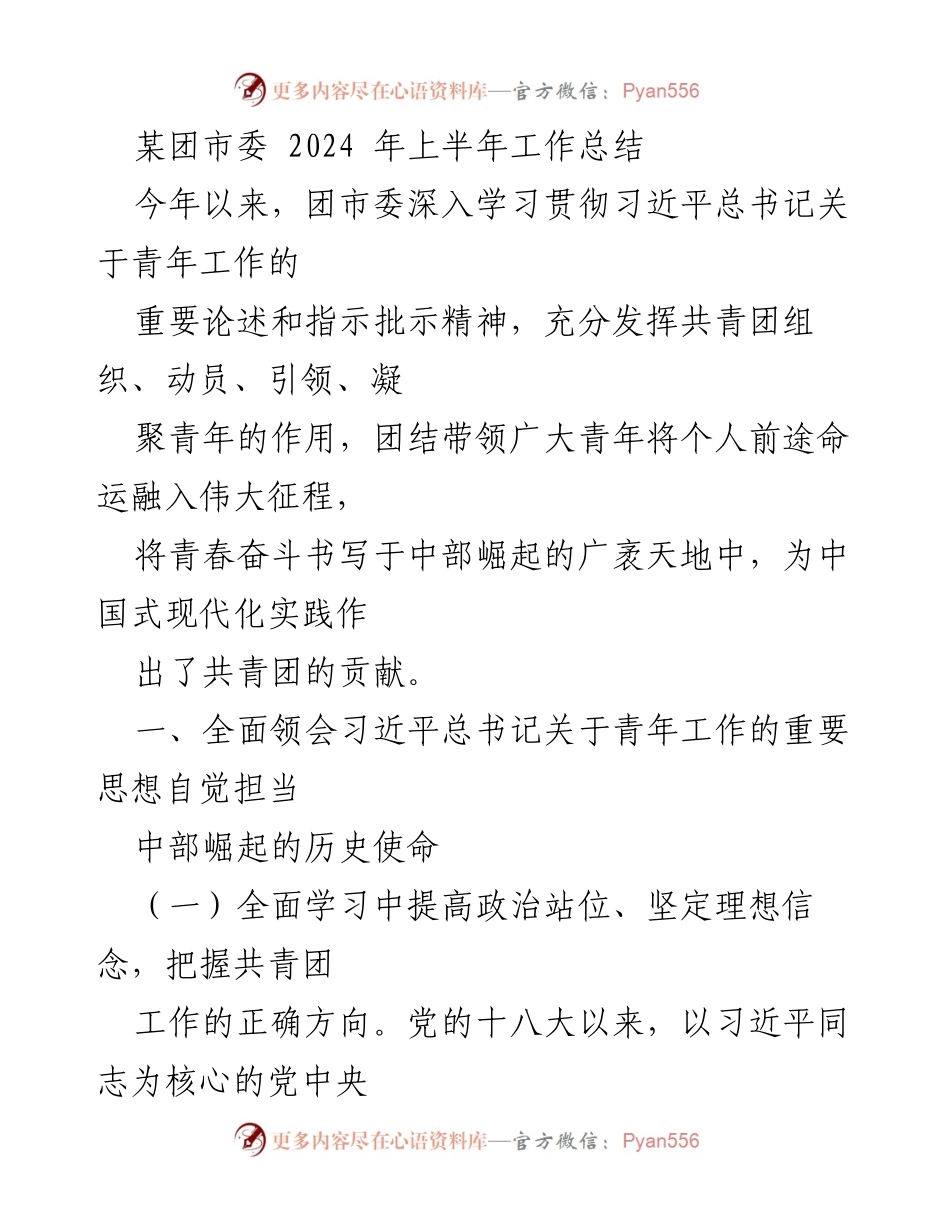 [工作总结] 团市委2024年上半年 - 团结青年，助力中部崛起：团市委2024年上半年工作总结.docx_第1页
