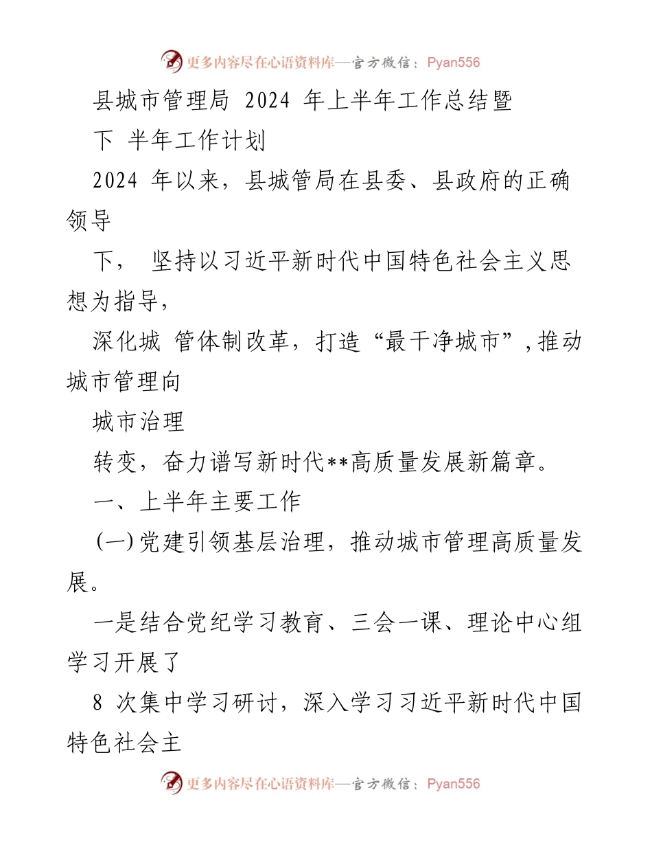 [工作总结] 城市管理局 - 2024年上半年工作总结与下半年工作计划_1.docx_第1页