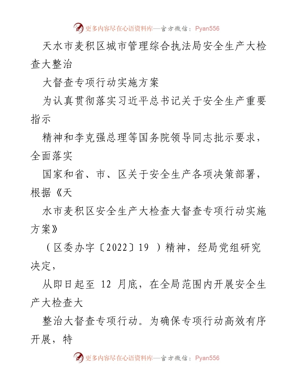 [工作总结] 天水市麦积区 - 安全生产大检查大整治专项行动实施方案.docx_第1页