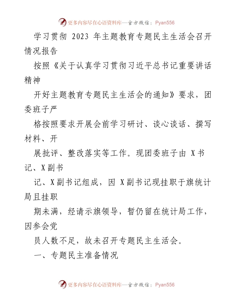 [工作总结] 团委 - 2023年主题教育专题民主生活会准备情况总结.docx_第1页