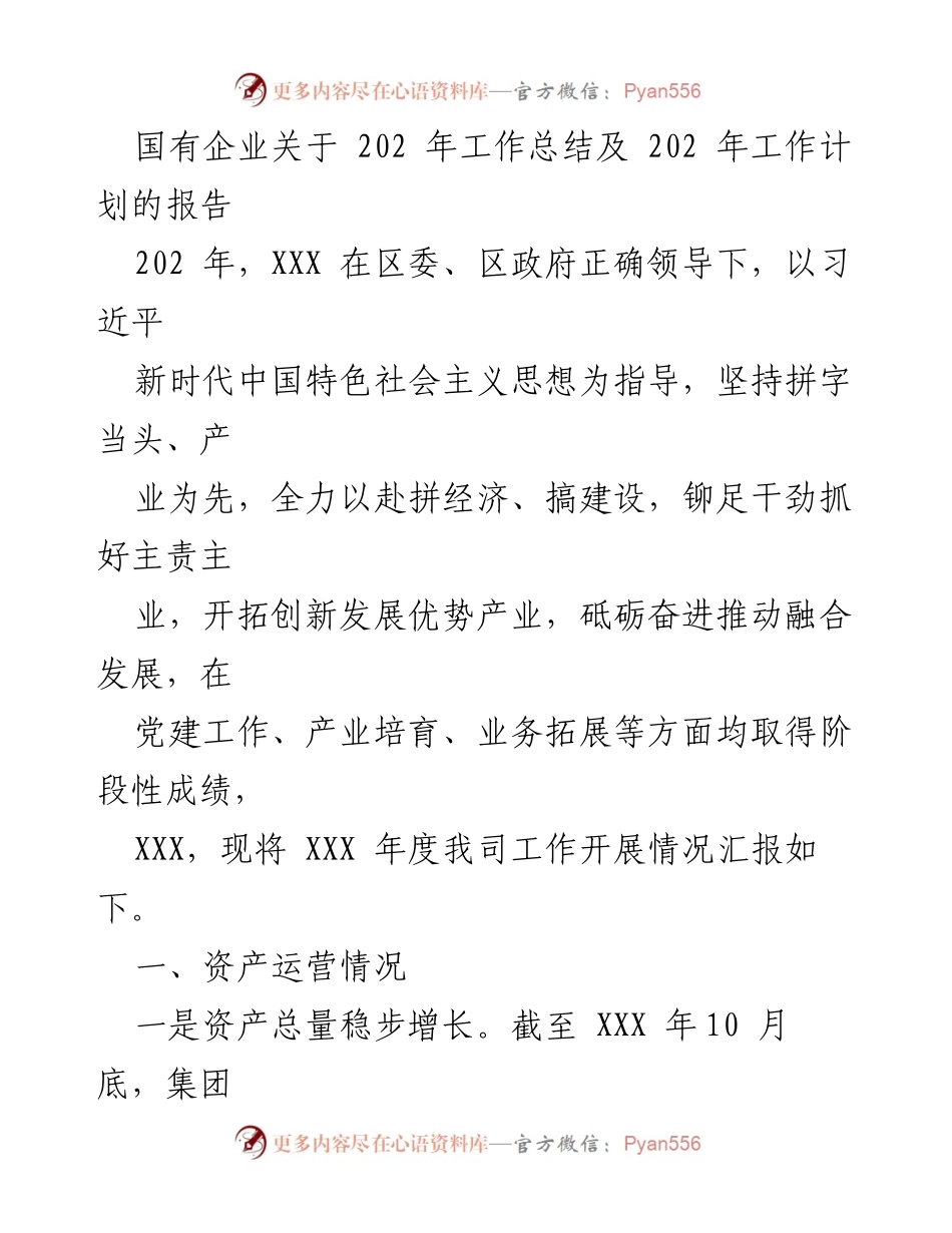 [工作总结] 国有企业 - 202年工作总结及202年工作计划报告.docx_第1页
