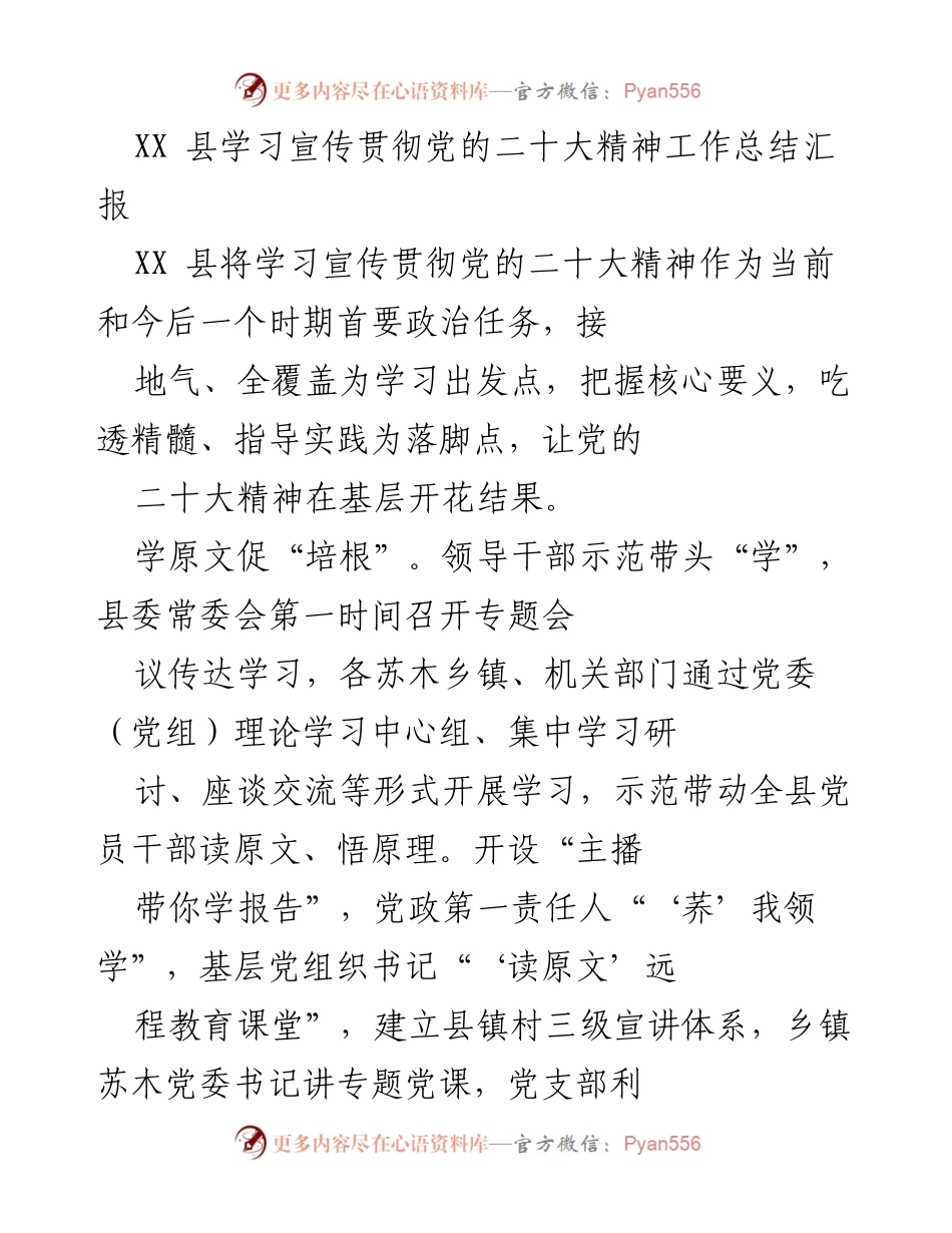 [工作总结] 学习宣传贯彻党的二十大精神 - XX县党的二十大精神学习宣传工作总结.docx_第1页
