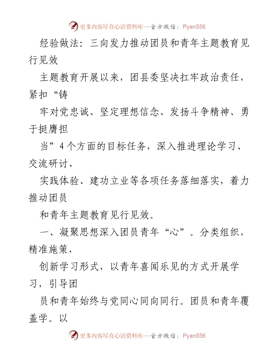 [工作总结] 团县委主题教育 - 三向发力推动团员和青年主题教育见行见效.docx_第1页
