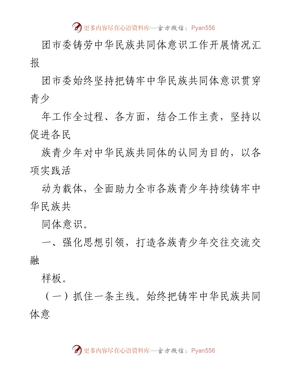 [工作总结] 团市委工作汇报 - 团市委铸牢中华民族共同体意识工作开展情况总结.docx_第1页