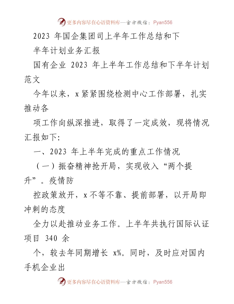 [工作总结] 国企集团 - 2023年上半年工作总结与下半年计划汇报.docx_第1页