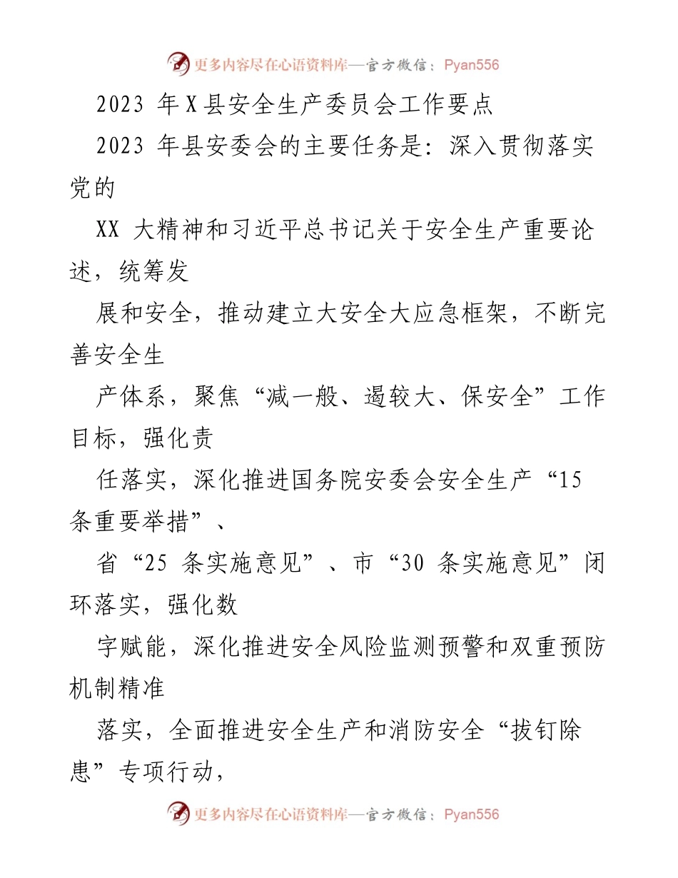 [工作总结] 县安全生产委员会 - 2023年X县安全生产工作要点与责任落实.docx_第1页
