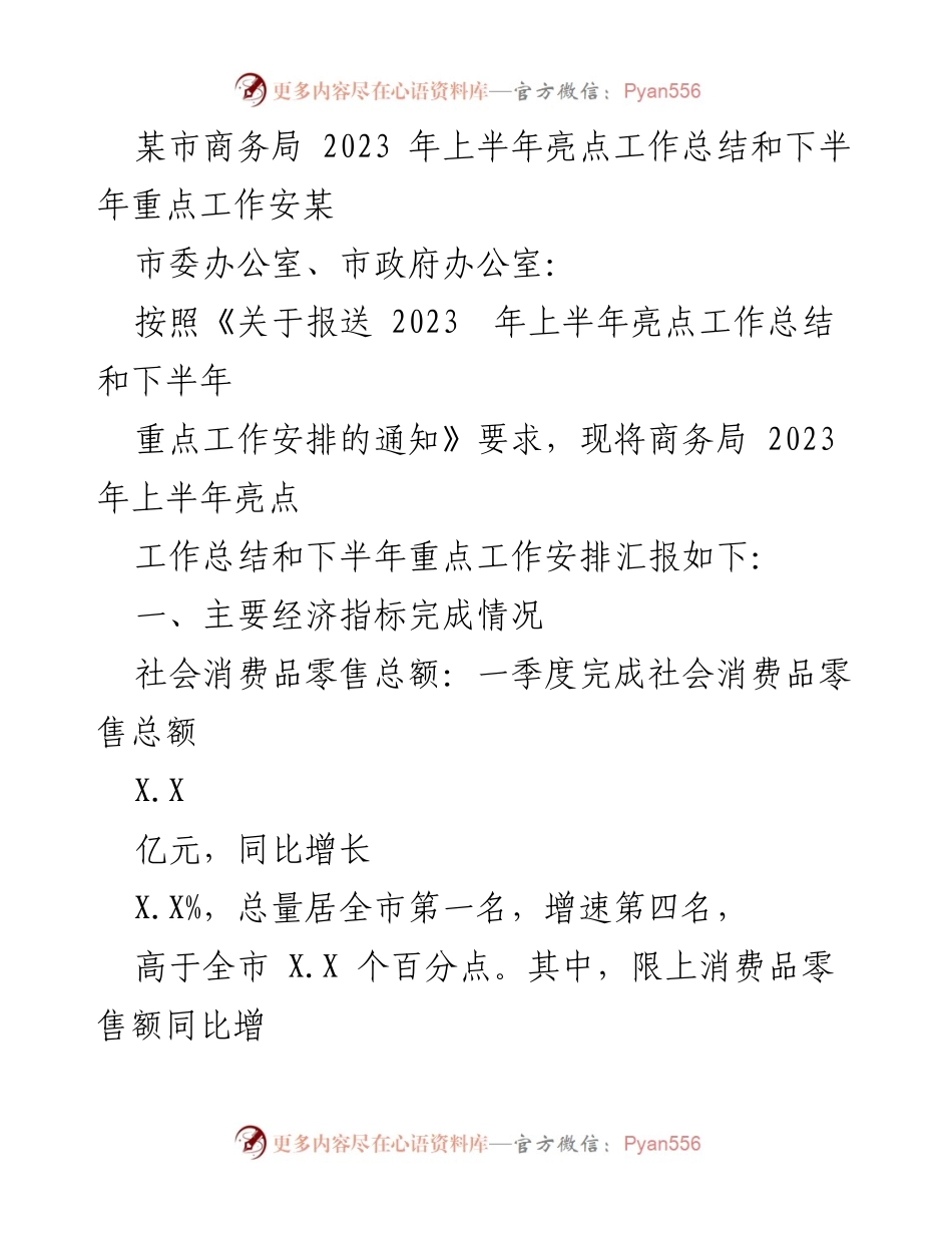 [工作总结] 商务局 - 2023年上半年工作总结及下半年工作安排报告.docx_第1页
