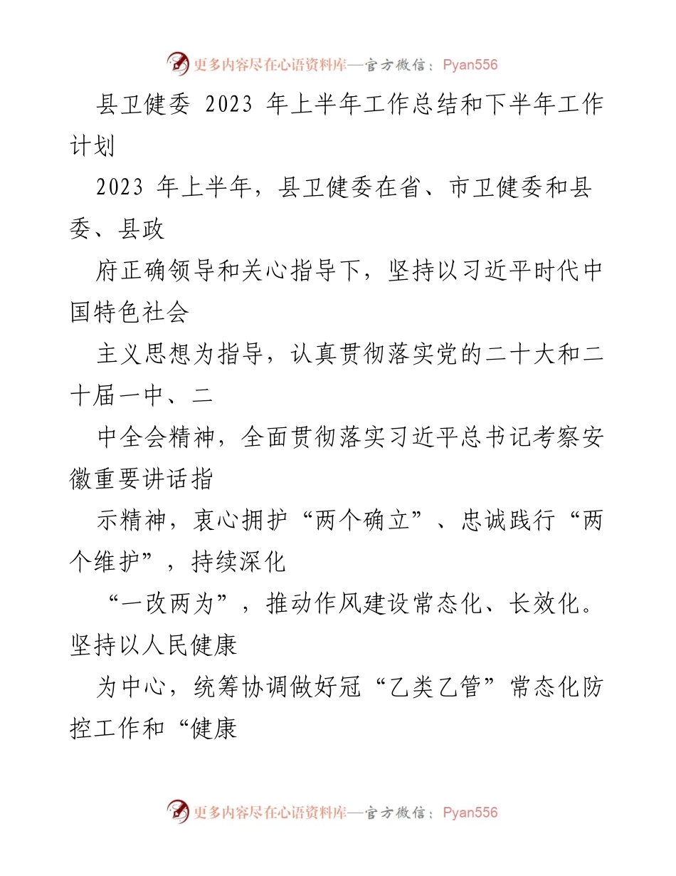 [工作总结] 卫健委 - 2023年上半年工作总结与下半年工作计划.docx_第1页