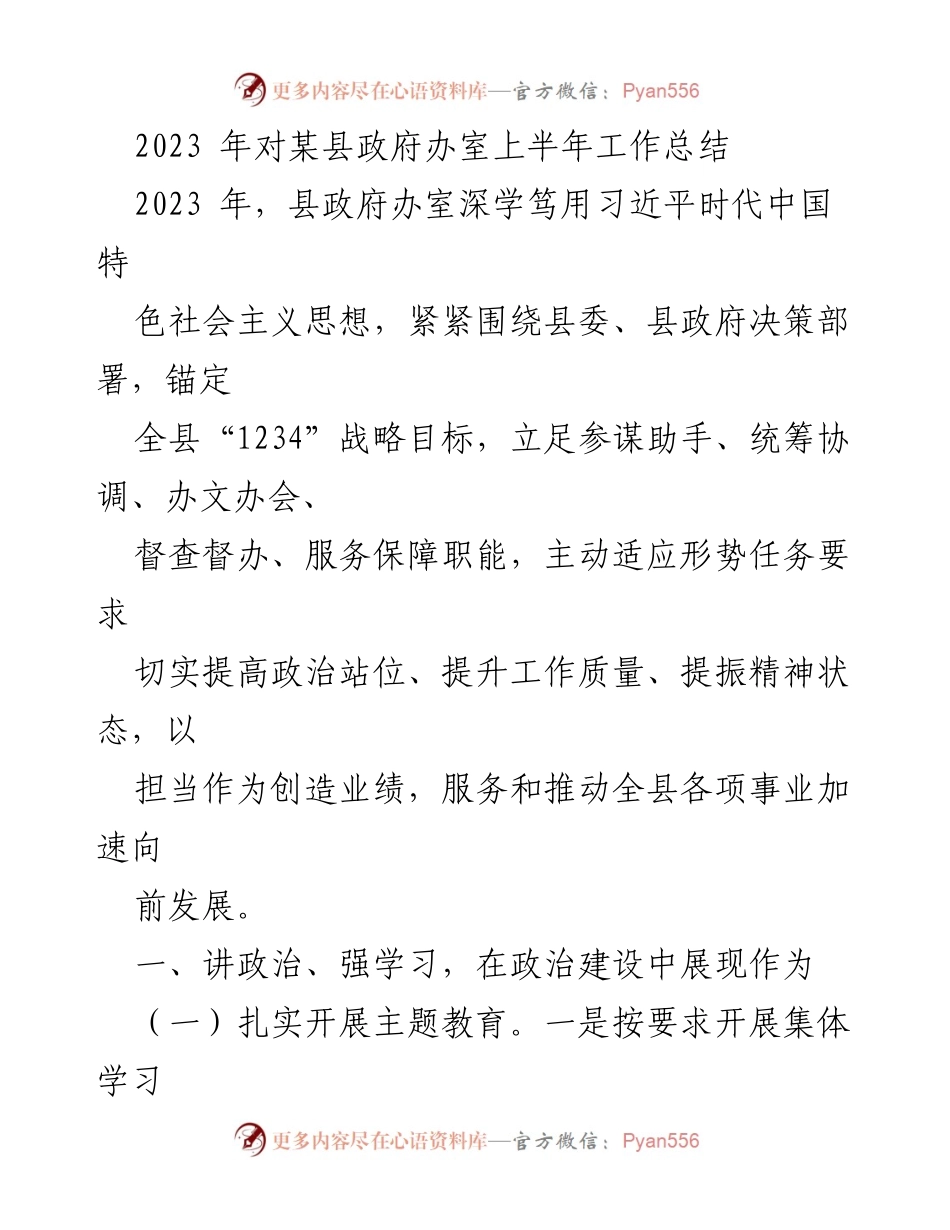 [工作总结] 县政府办室 - 2023年上半年工作总结及学习贯彻情况报告.docx_第1页