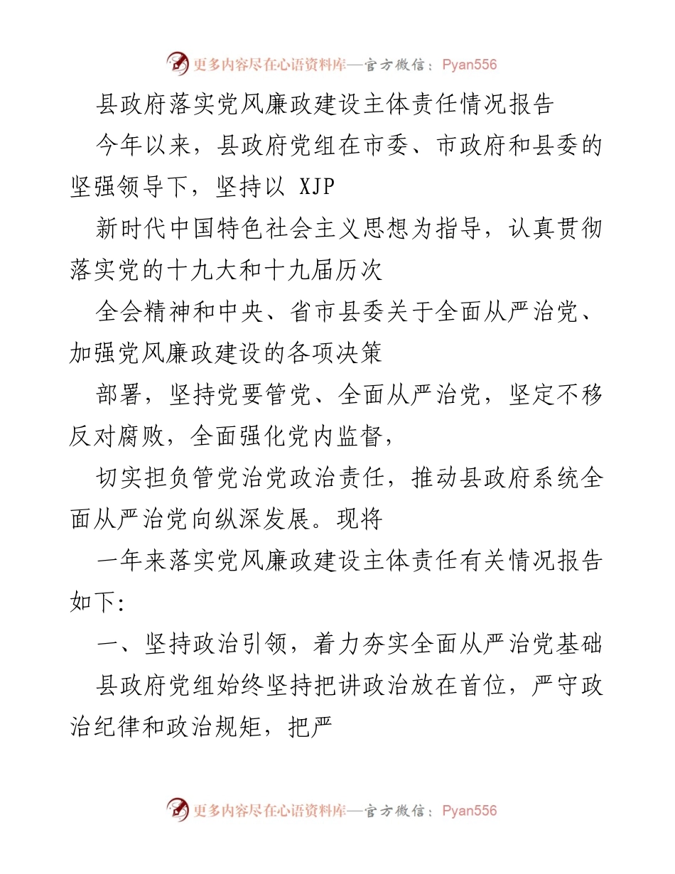 [工作总结] 县政府 - 县政府党风廉政建设主体责任落实情况总结报告_1.docx_第1页