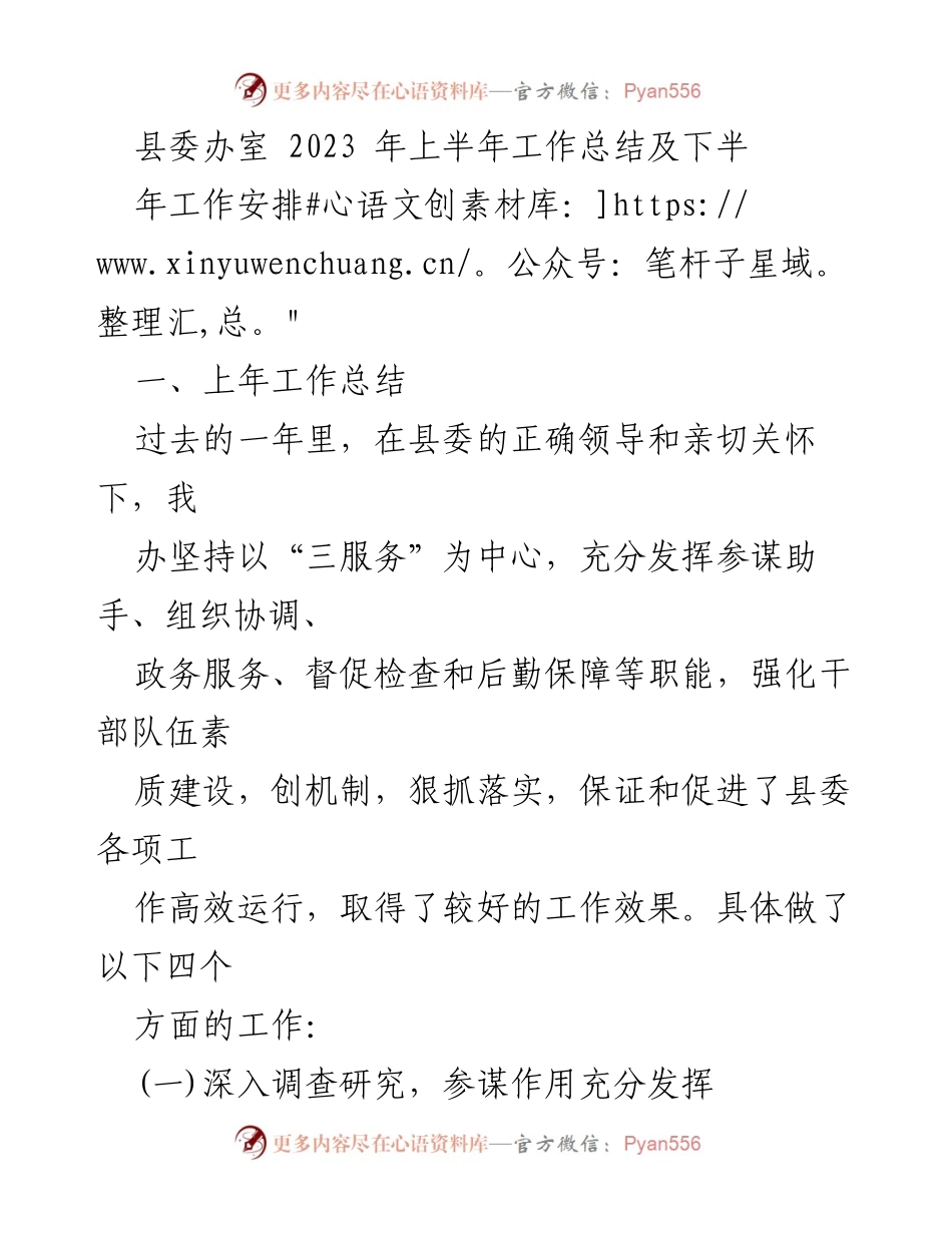 [工作总结] 县委办室 - 2023年上半年工作总结与下半年工作安排.docx_第1页