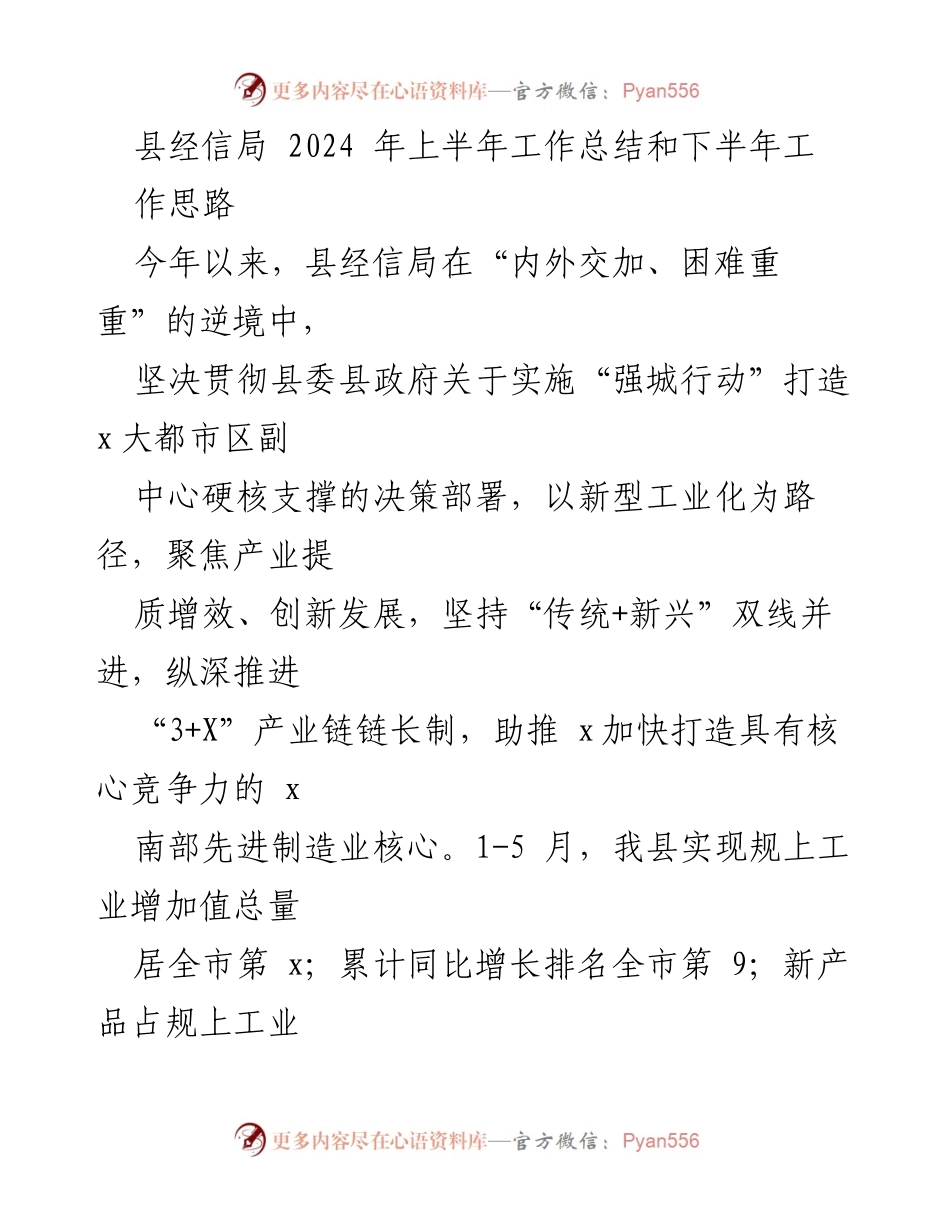 [工作总结] 县经信局 - 2024年上半年工作总结及下半年工作思路.docx_第1页