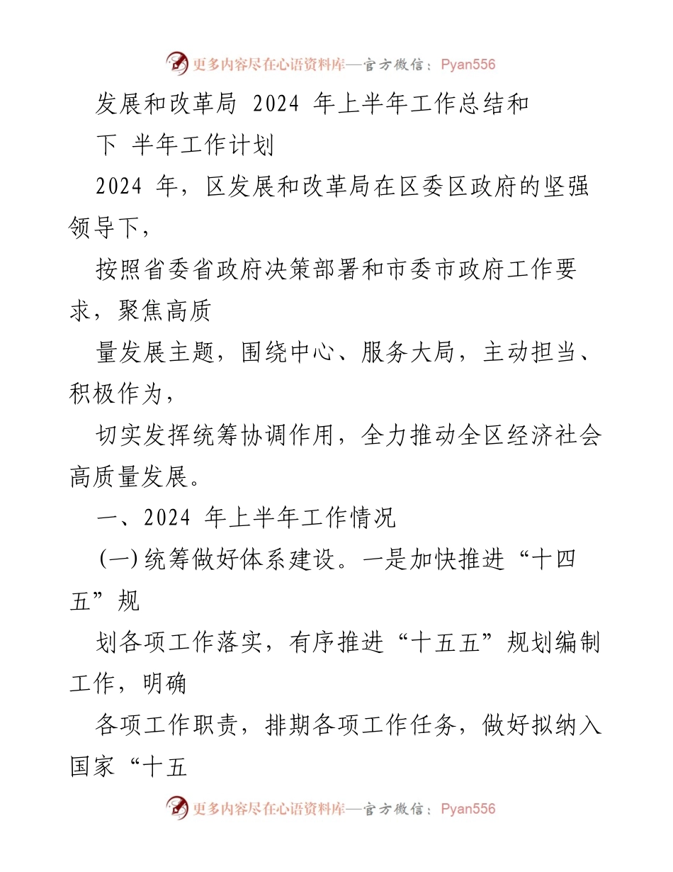 [工作总结] 发展和改革局 - 2024年上半年工作总结与下半年工作计划.docx_第1页