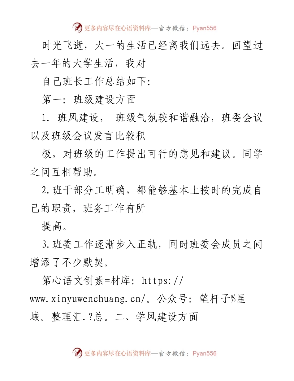 [工作总结] 大一班长工作总结 - 大一班级建设与学风提升总结报告.docx_第1页
