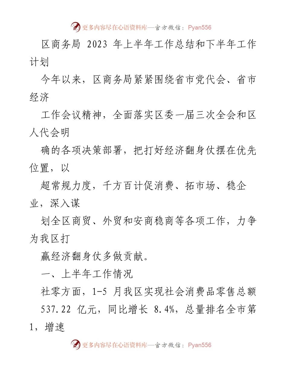 [工作总结] 商务局 - 2023年上半年工作总结与下半年工作计划_1.docx_第1页