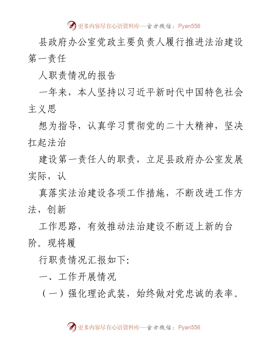 [工作总结] 县政府办公室 - 履行法治建设第一责任人的工作情况报告.docx_第1页
