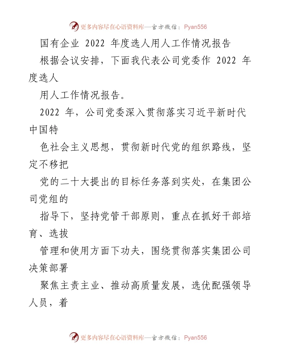 [工作总结] 国有企业年度会议 - 2022年度选人用人工作情况报告.docx_第1页