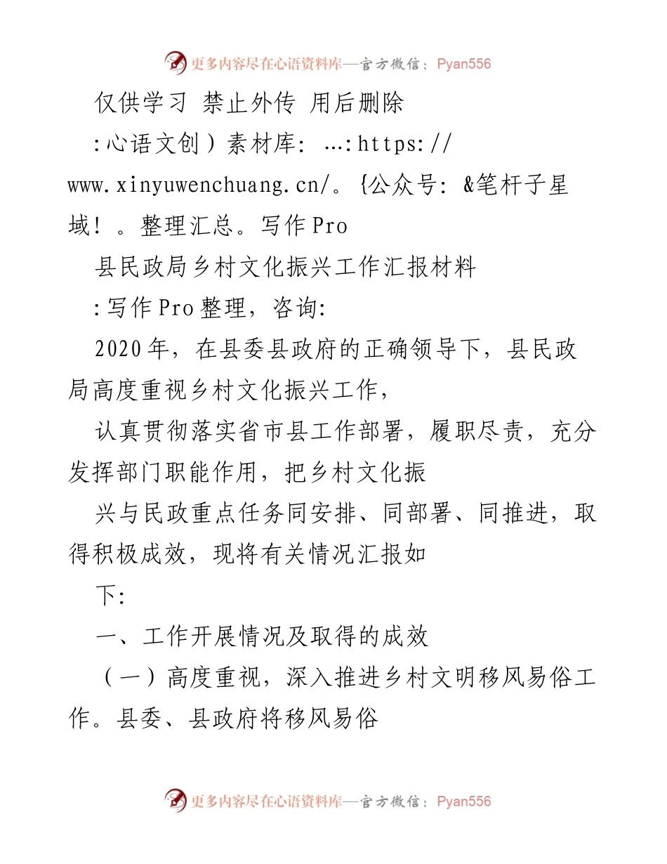 [工作总结] 县民政局 - 乡村文化振兴工作汇报材料.docx_第1页
