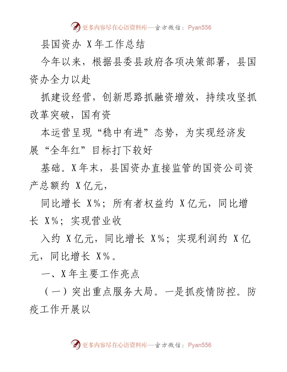 [工作总结] 县国资办 - X年国资办工作总结与发展亮点分析.docx_第1页