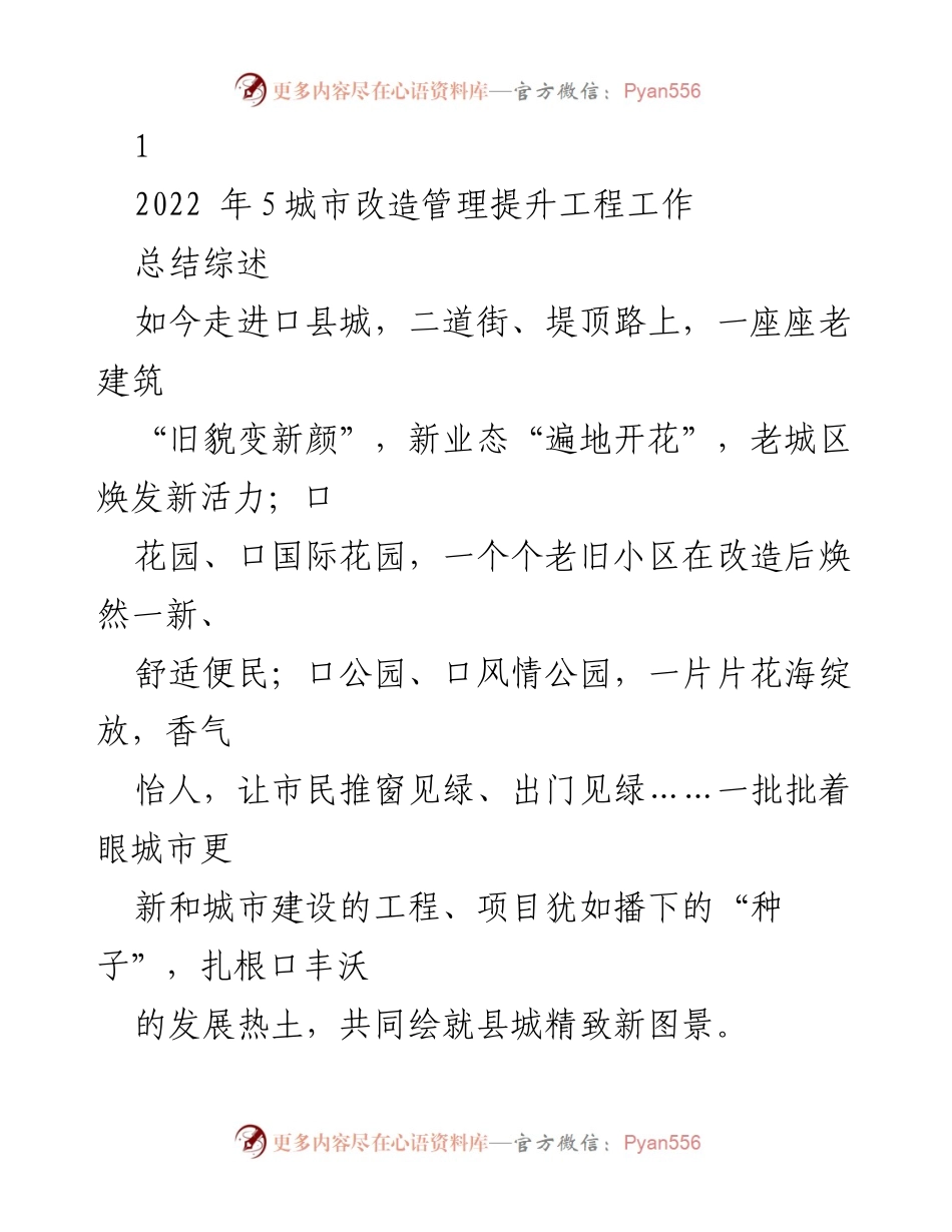 [工作总结] 城市改造管理提升工程 - 口县城市更新与改造工作总结报告.docx_第1页