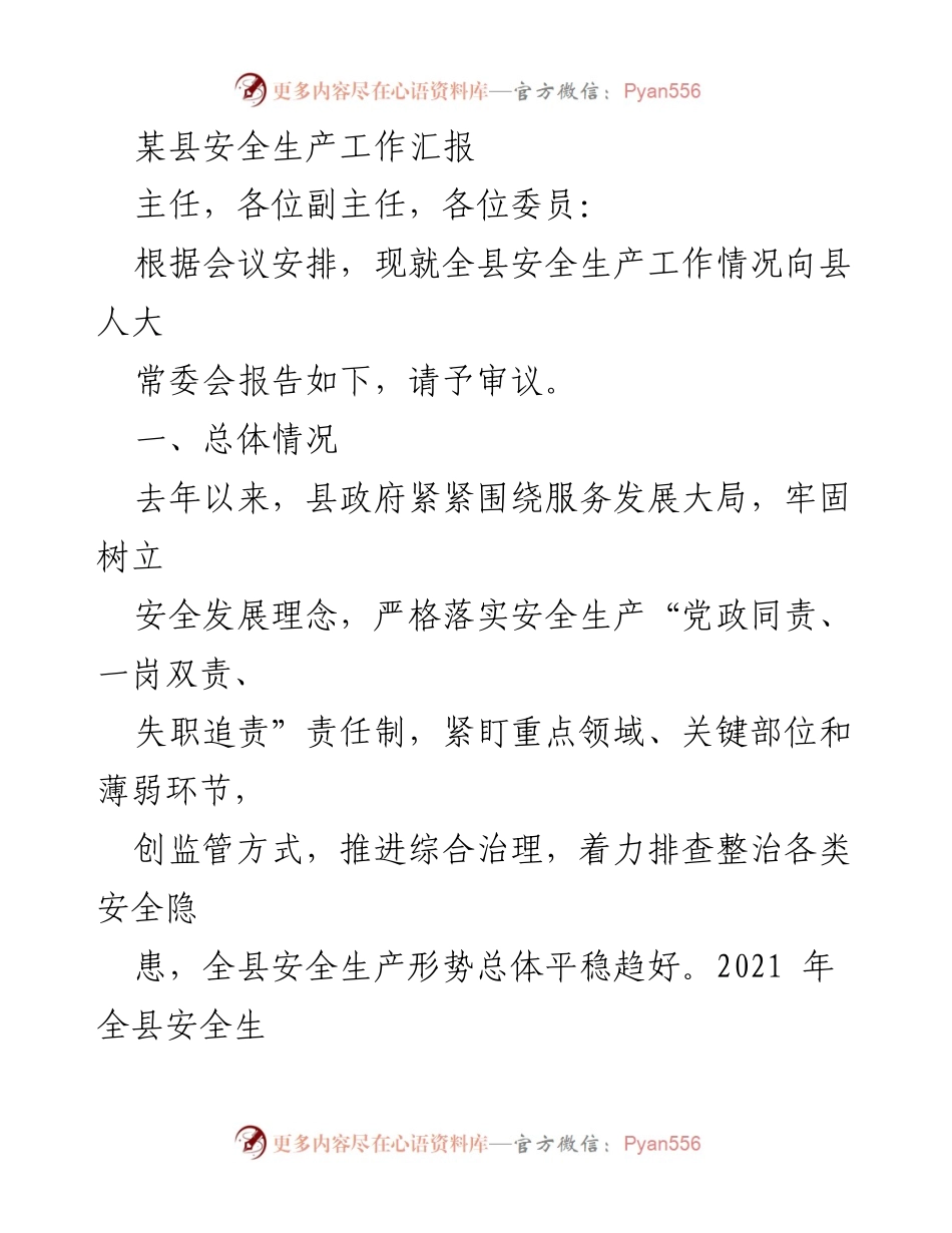 [工作总结] 县人大常委会会议 - 某县安全生产工作汇报_1.docx_第1页