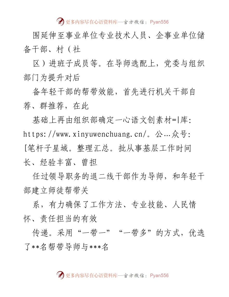 [工作总结] 县级干部培训 - 加强年轻干部“传帮带”工作的情况汇报.docx_第2页