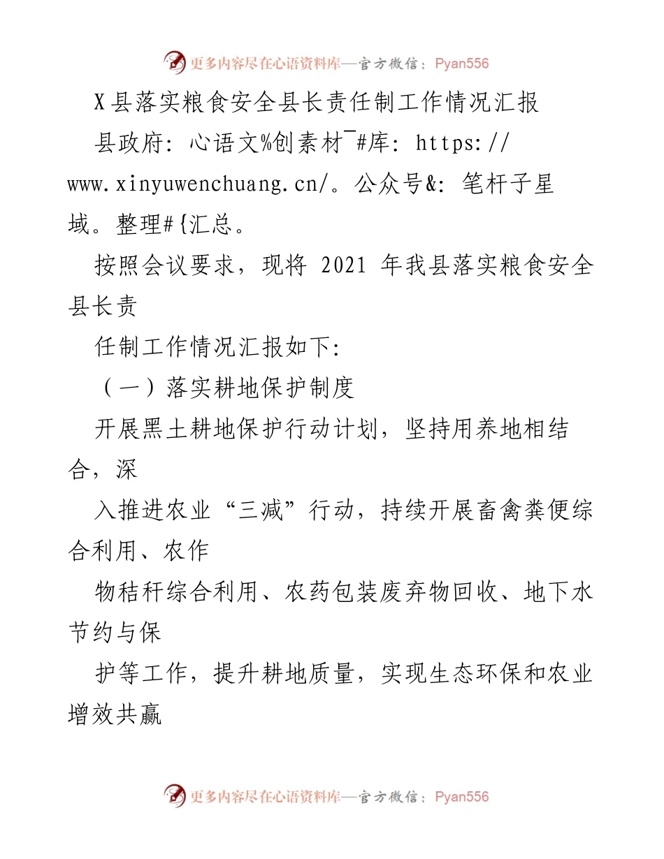 [工作总结] 县政府会议 - X县粮食安全责任制落实情况汇报.docx_第1页
