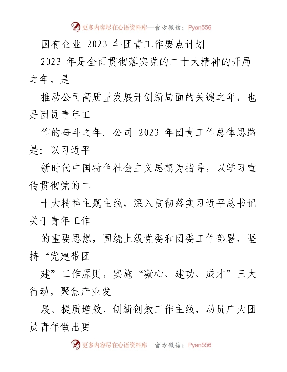 [工作总结] 国有企业团青工作会议 - 2023年国有企业团青工作要点与实施计划.docx_第1页