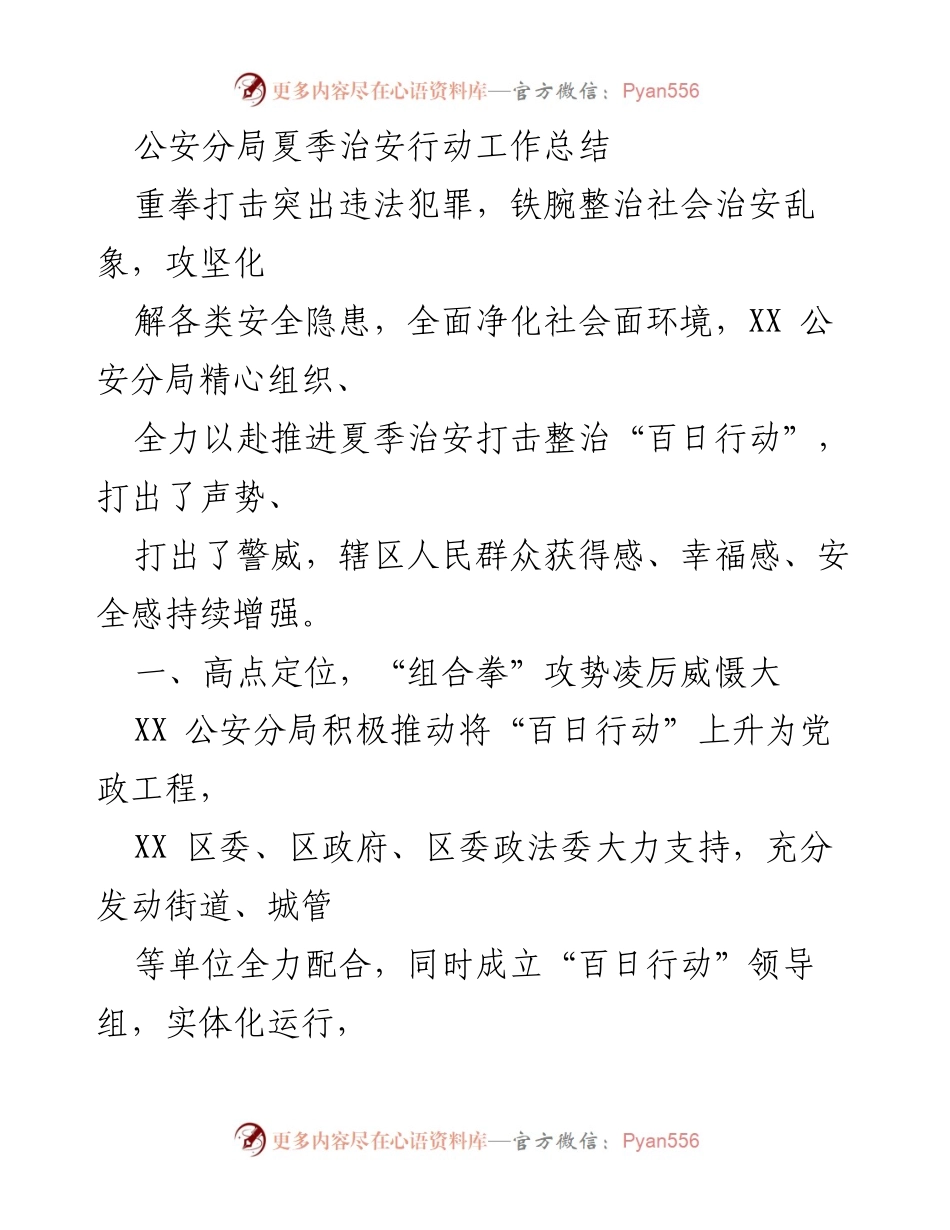 [工作总结] 夏季治安行动 - XX公安分局夏季治安打击整治“百日行动”工作总结.docx_第1页