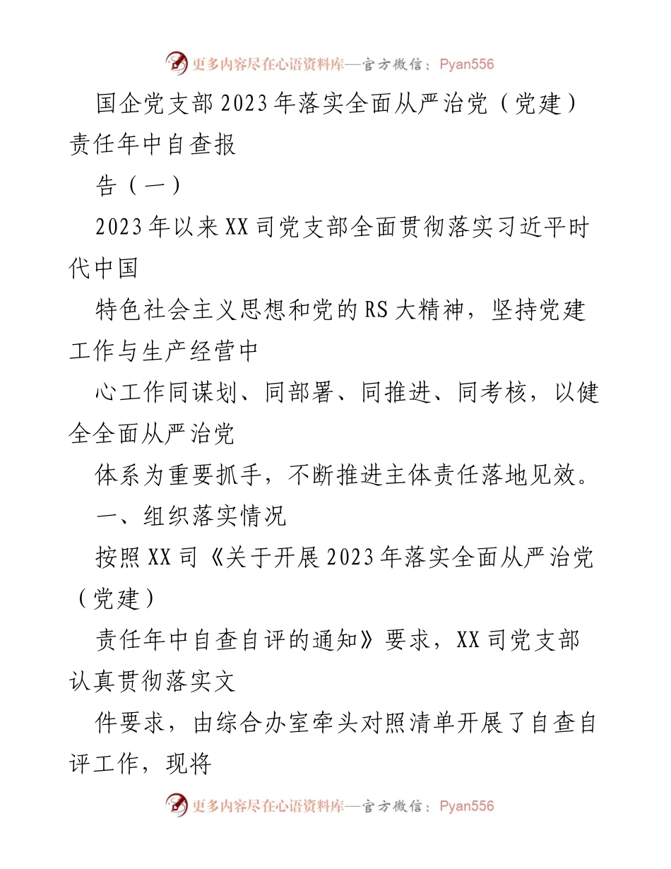 [工作总结] 国企党支部 - 2023年全面从严治党责任落实年中自查报告_2.docx_第1页