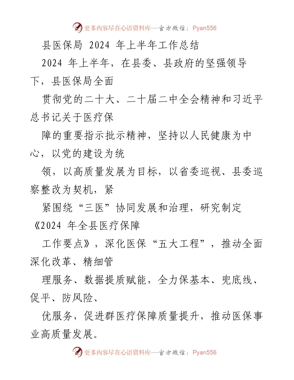[工作总结] 县医保局 - 2024年上半年医保工作总结与发展报告.docx_第1页