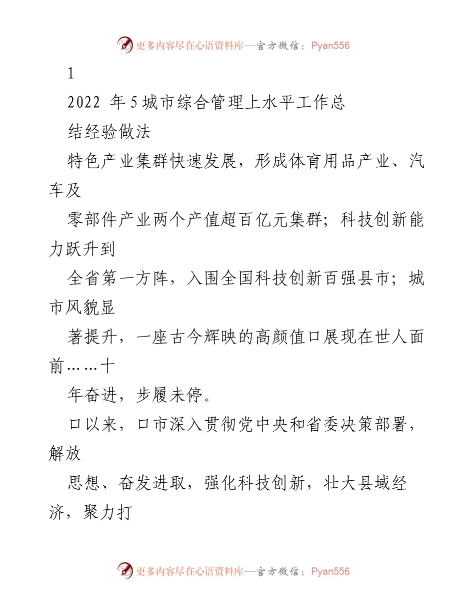 [工作总结] 城市综合管理 - 口市城市综合管理提升及产业发展经验总结.docx_第1页