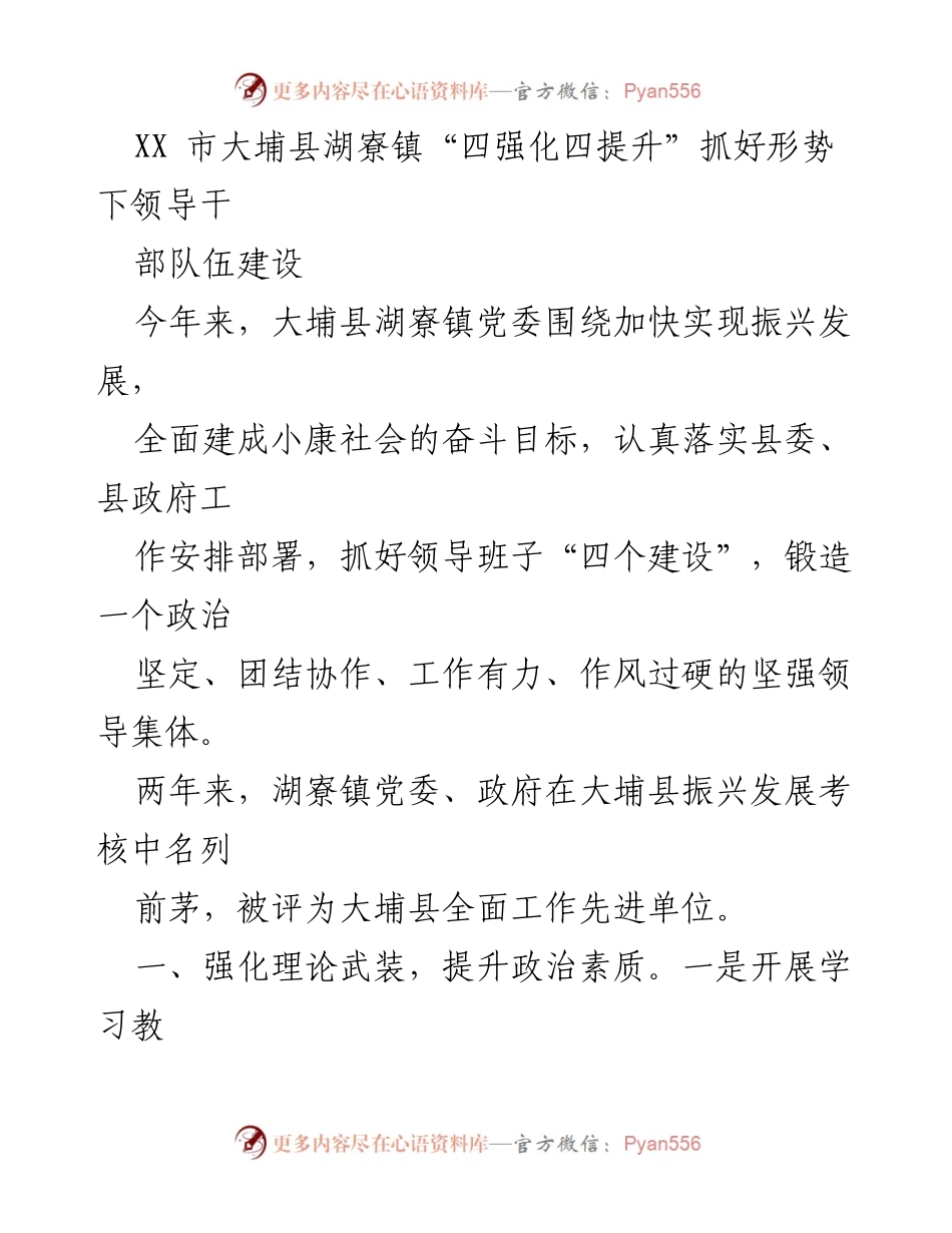 [工作总结] 大埔县湖寮镇 - 强化领导干部队伍建设，提升政治素质与工作效能.docx_第1页
