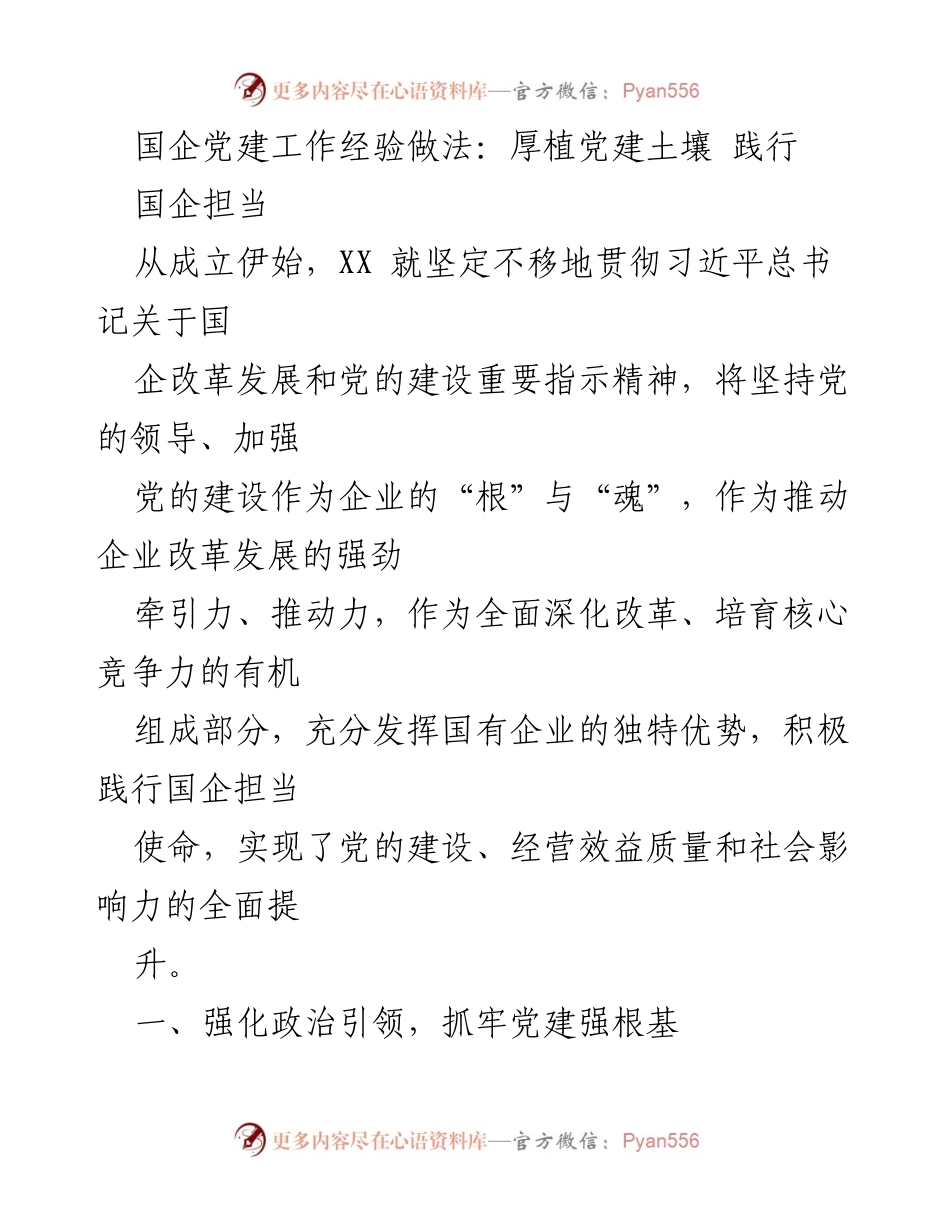[工作总结] 国企党建工作 - 国企党建经验总结：强化政治引领与责任落实.docx_第1页