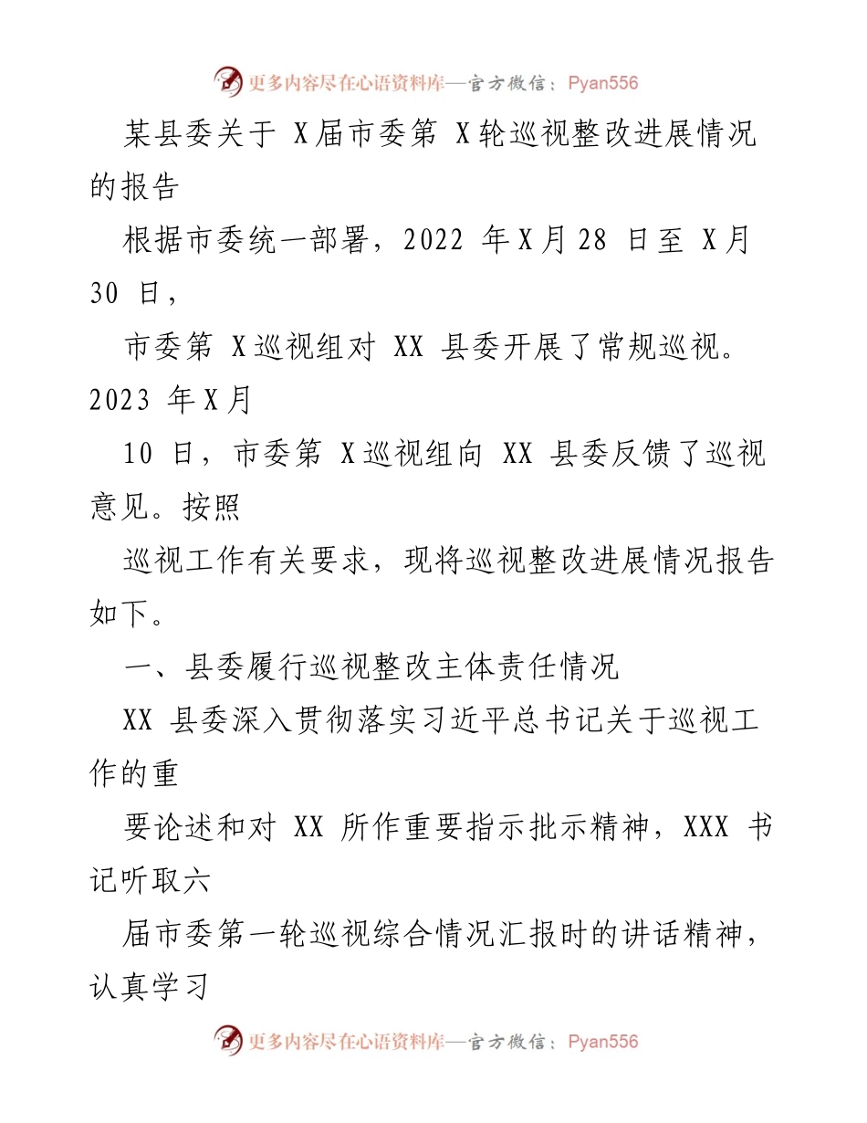 [工作总结] 县委 - X届市委第X轮巡视整改进展情况报告.docx_第1页