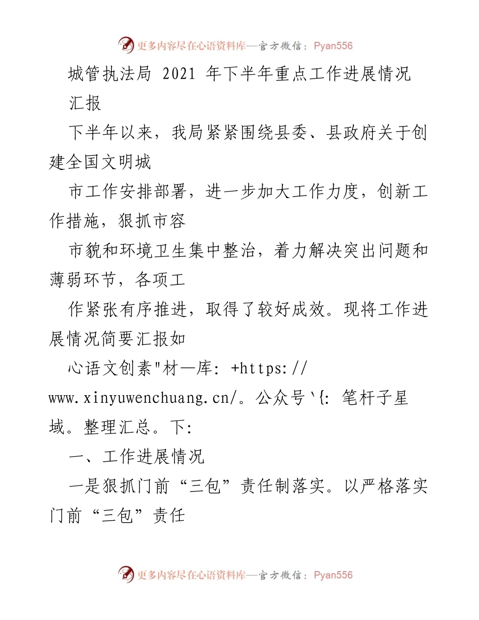[工作总结] 城管执法局 - 2021年下半年市容环境整治工作进展汇报.docx_第1页