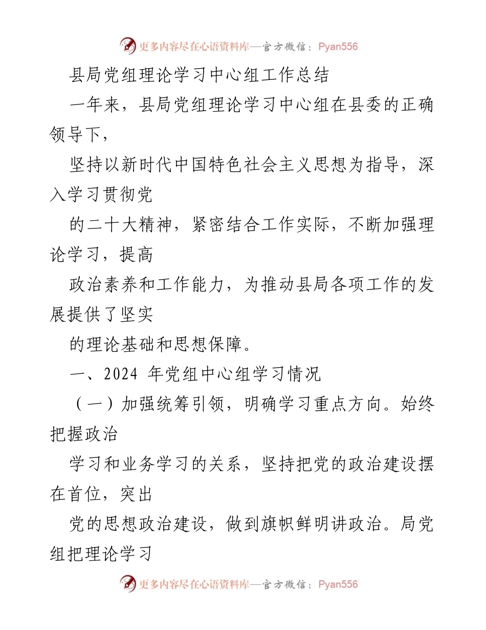 [工作总结] 县局党组 - 2024年县局党组理论学习中心组工作总结.docx_第1页