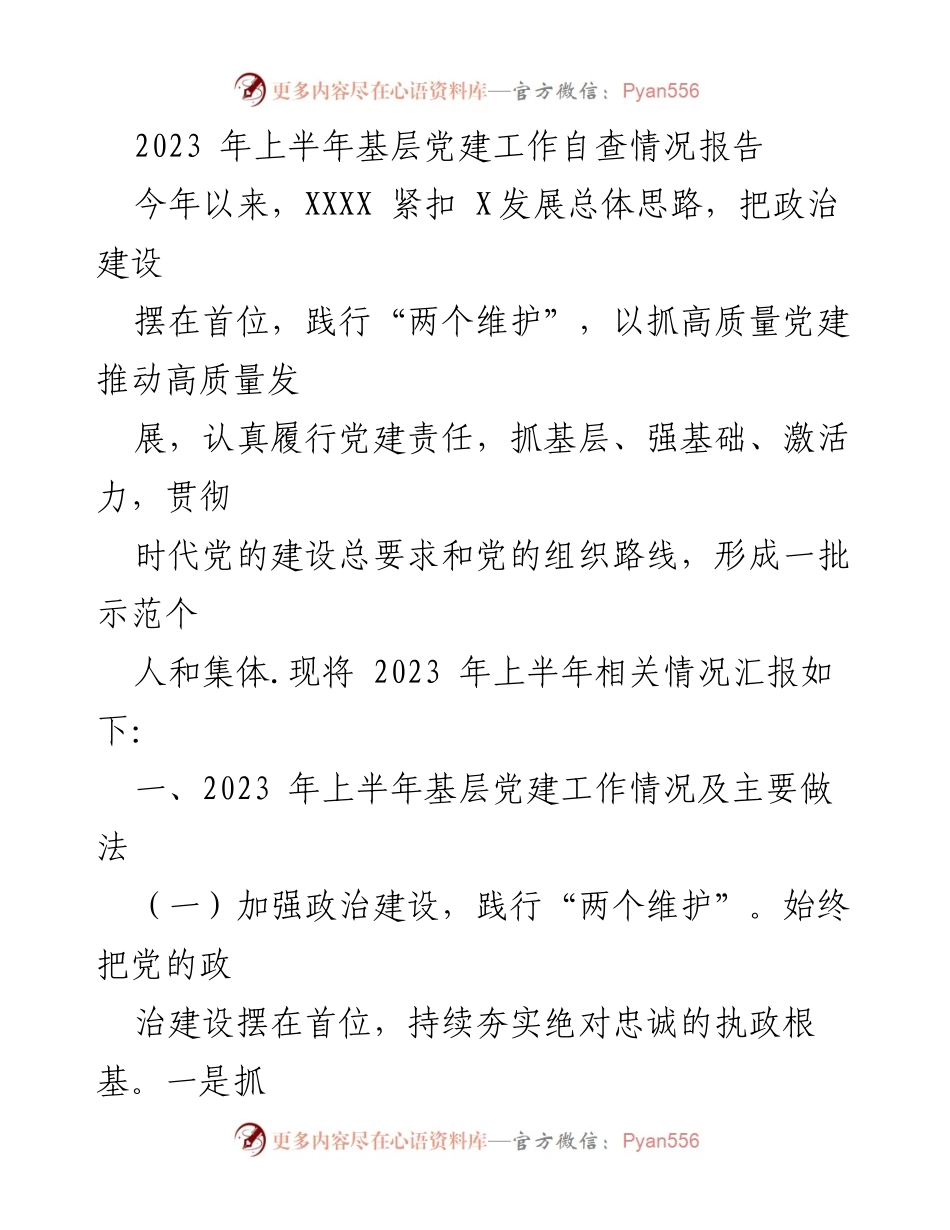 [工作总结] 基层党建 - 2023年上半年基层党建工作自查情况报告.docx_第1页